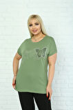 Kadın Büyük Beden Yeşil Taşlı T-shirt