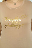 Kadın Büyük Beden Bej Varak Detaylı T-shirt