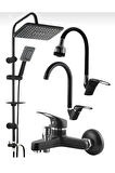 SİYAH KROM ROBOT 4 LÜ EVİYE LAVABO BANYO BATAYASI SETİ