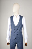 Slim Fit Mavi Yelekli Takım Elbise Kendinden Desenli