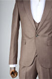 Slim Fit Kahverengi Yelekli Takım Elbise Çizgi Desenli