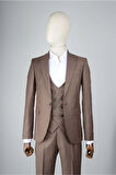 Slim Fit Kahverengi Yelekli Takım Elbise Çizgi Desenli