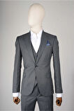 Slim Fit Koyu Gri Yelekli Takım Elbise Kendinden Desenli