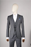 Slim Fit Koyu Gri Yelekli Takım Elbise Kendinden Desenli