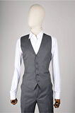 Slim Fit Koyu Gri Yelekli Takım Elbise Kendinden Desenli