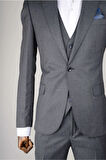 Slim Fit Koyu Gri Yelekli Takım Elbise Kendinden Desenli