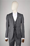 Slim Fit Koyu Gri Yelekli Takım Elbise Kendinden Desenli