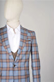 Slim Fit Mavi Yelekli Takım Elbise Ekose Desenli