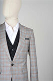 Slim Fit Gri Yelekli Takım Elbise Ekose Desenli