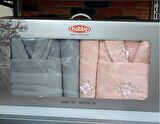 Hobby Line %100 Saf Pamuk Aile Bornoz Seti-Pembe Gri