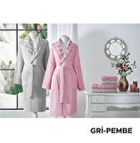 Özdilek %60 Bambu %40 Pamuk Aile Bornoz Seti-Fiore Line Gri Pembe