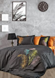 Dantela İz Nakışlı Pamuk Saten Çift Kişilik Nevresim Takımı-Antrasit Oranj