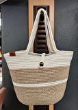 Doğal Hasır Jüt El Örmesi Günlük Kullanım ve Plaj İçin Uygun Kadın Çanta-Bej Ortası ve Yukarısı Beyaz Düğmeli