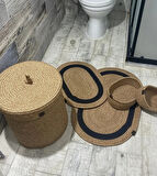 Jüt Hasır 5li Banyo Seti, Çamaşır Sepeti, Paspas Takımı, Oval Sepet-Siyah Çizgili