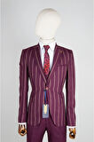 Slim Fit Bordo Takım Elbise Çizgili Desenli