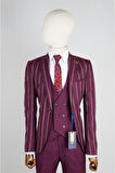 Slim Fit Bordo Takım Elbise Çizgili Desenli
