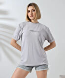 ModaSize Unisex Bisiklet Yaka Baskılı Slim Fit T-Shirt - Boyalı Gri