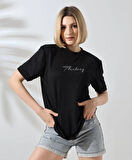 ModaSize Unisex Bisiklet Yaka Baskılı Slim Fit T-Shirt - Siyah