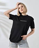 ModaSize Unisex Bisiklet Yaka Baskılı Slim Fit T-Shirt - Siyah