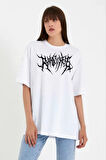 ModaSize Unisex Bisiklet Yaka Baskılı Oversize T-Shirt - Beyaz