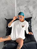 ModaSize Unisex Bisiklet Yaka Baskılı Oversize T-Shirt - Beyaz