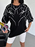 ModaSize Unisex Bisiklet Yaka Baskılı Oversize T-Shirt - Siyah