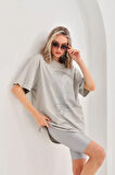 ModaSize Unisex Taş Desenli Oversize T-Shirt - Gri