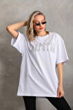ModaSize Unisex Taş Desenli Oversize T-Shirt - Beyaz