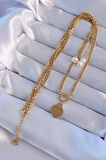 MuI MuI 316L Çelik Gold Renk Çift Zincir İnci Detayı Love Kalp Kolye
