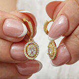MuI MuI Gümüş Gold Oval Taşlı Sallantılı Küpe