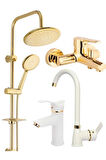 Gold Robot Duş, Banyo, Beyaz Gold Kartal Lavabo, Mutfak Bataryası Musluğu Çeşmesi 4'lü Set