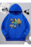 Pamuklu Minecraft Baskılı Erkek Çocuk Kapüşonlu Sweatshirt İki İplik Şardonlu