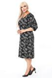 Kadın Siyah Çiçek Desenli Truvakar Kol Büyük Beden Esnek Kışlık Elbise