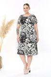 Kadın Siyah Beyaz Tropikal Desen Midi Elbise