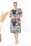Kadın Siyah Beyaz Tropikal Desen Midi Elbise