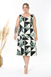 Kadın Yeşil Monstera Desen Askılı Büyük Beden Elbise