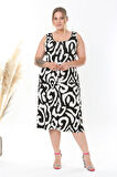 Kadın Siyah Beyaz Tiger Desen Askılı Büyük Beden Elbise