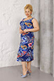 Kadın Lacivert Pembe Tropikal Desen Askılı Büyük Beden Elbise