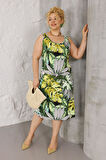 Kadın Yeşil Beyaz Tropikal Desen Askılı Büyük Beden Elbise