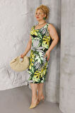 Kadın Yeşil Beyaz Tropikal Desen Askılı Büyük Beden Elbise