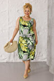 Kadın Yeşil Beyaz Tropikal Desen Askılı Büyük Beden Elbise