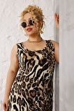 Kadın Kahve Siyah Leopar Desen Askılı Büyük Beden Elbise