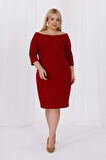 Kadın Bordo Carmen Yaka Truvakar Kol Büyük Beden Esnek Krep Elbise