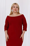 Kadın Bordo Carmen Yaka Truvakar Kol Büyük Beden Esnek Krep Elbise