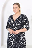 Kadın Lacivert Puantiye Desen Kruvaze Yaka Esnek Bel Büyük Beden Elbise