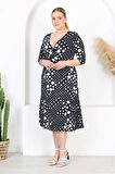 Kadın Lacivert Puantiye Desen Kruvaze Yaka Esnek Bel Büyük Beden Elbise
