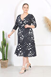 Kadın Lacivert Puantiye Desen Kruvaze Yaka Esnek Bel Büyük Beden Elbise