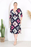 Kadın Lacivert Pembe Geometrik Desen Kruvaze Yaka Esnek Bel Büyük Beden Elbise