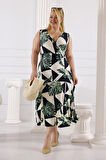 Kadın Yeşil Beyaz Monstera Desen Kolsuz Kruvaze Yaka Büyük Beden Maxi Elbise