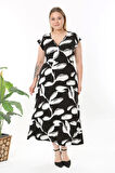 Kadın Siyah Beyaz Soyut Desen Fırfır Kol Kruvaze Yaka Büyük Beden Maxi Elbise